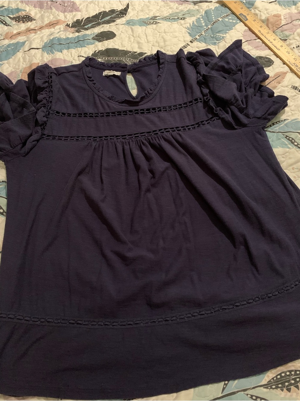 Womens Navy Short Ruffle Sleeve Crochet-Trim Top